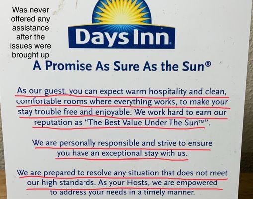 Days Inn policy in black and white