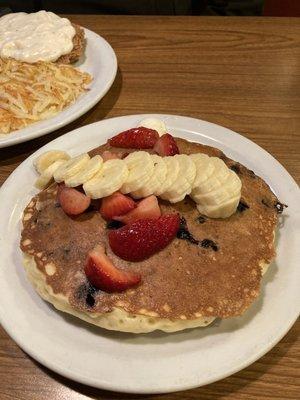 Banana Stack of Double Berry Banana Strawberry Pancakes