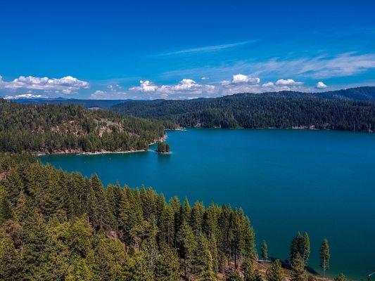 Aerial shot of Sly Park {Jenkinson} Lake taken by my professional photographer to showcase a Pollock Pines listing