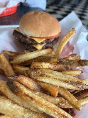 Dbl Cheeseburger; fries, well done