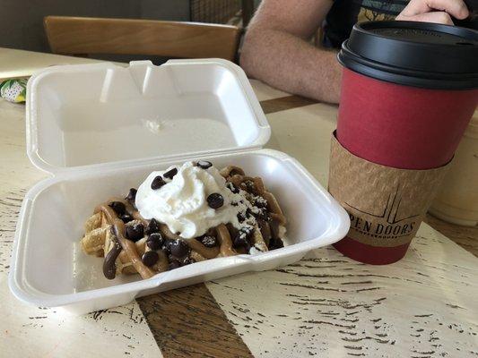 Peanut butter waffles and a matcha latte!