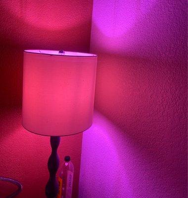 This is not color enhanced; this is the actual color of one of two bedside lamps in the room. No coin operated shaking bed.