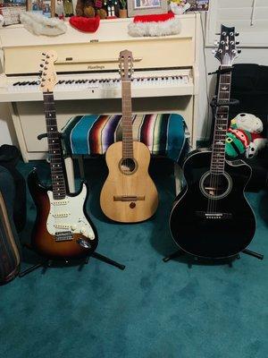 Acoustic (Hastings) Piano, American Strat, Spanish Aguitar, PRS (Paul Reed Smith) Acoustic-Electric.  Jimbo Alcala