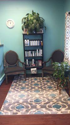 This is part of our waiting area and our Kenra Hair Cate product display