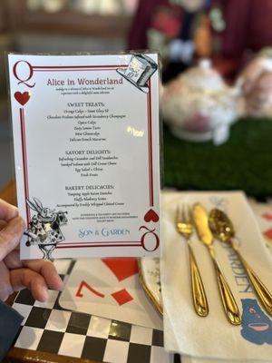 Menu for Alice in Wonderland tea set experience