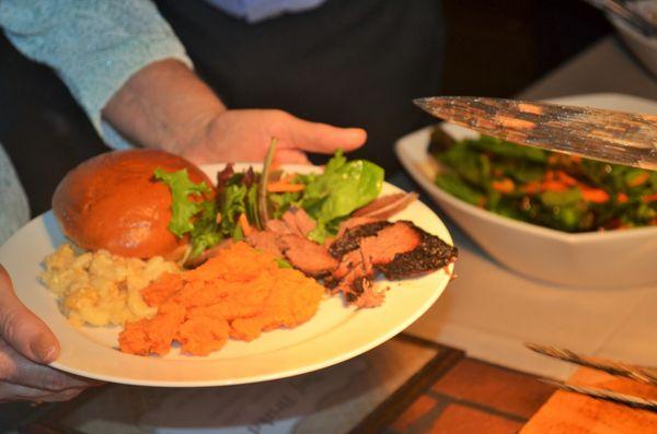 Brisket, Sweet potato mash, salad at formal catering