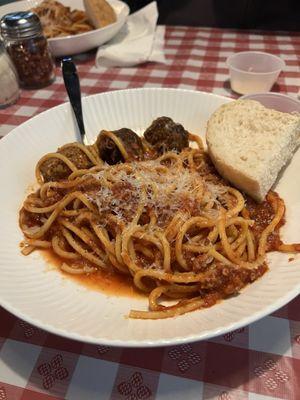 Bucatini with meatballs and meat sauce