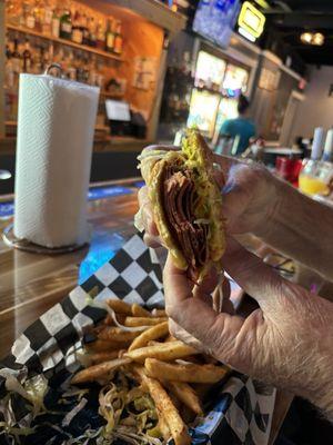 Fried Bologna Sandwich and fries