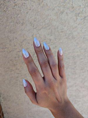 Chrome gel nail with OPI #9 and a silver blue chrome powder on my natural nails