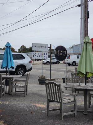 The roadside patio has tons of great tables and chairs