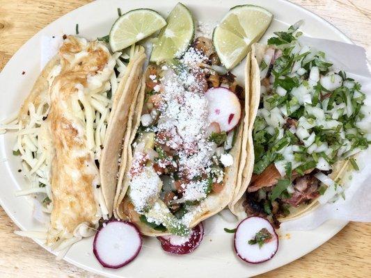 Left to Right: Steak Taco (with cheese), shrimp taco, pork chop taco