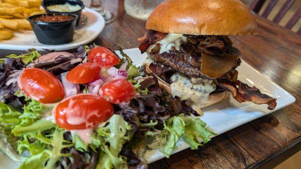 Burger and side salad