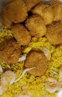 Fried breaded Scallops w Shrimp Fried Rice