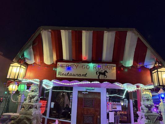 Here is the front of the Merry Go Round Chinese restaurant in Lone Pine