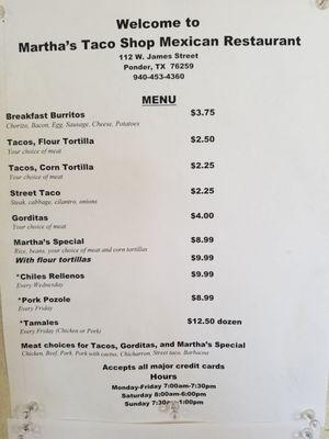 Menu as of August, 2018