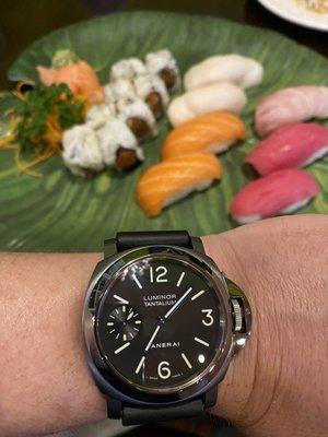 Sushi and a wrist shot (I have a YouTube channel: Pocket Watch Time)