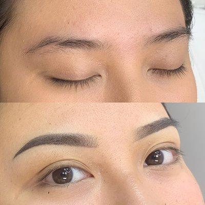 Before and after ombré brow tattoo