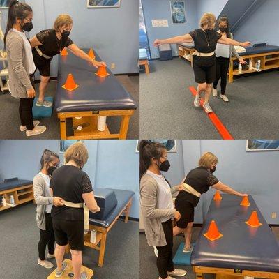 Renee here fractured her distal fibula 2 months ago and is working on improving her balance with student PT Kim. Great job job Renee!!