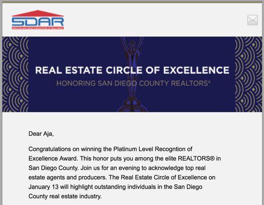 Grateful to be honored again amongst San Diego's finest agents for the Recognition of Excellence award.  Platinum Level this year!!!