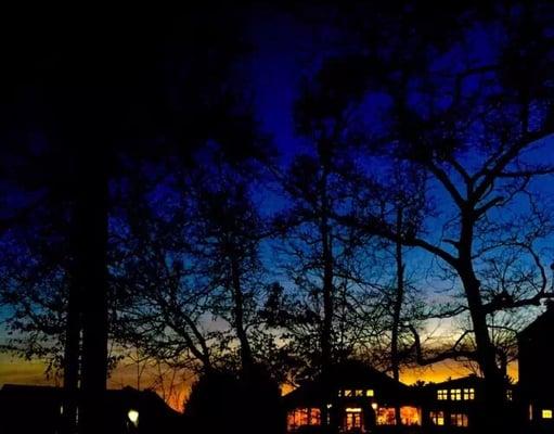 Night is coming on campus-- dining hall