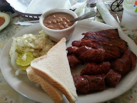 Unbelievable bbq plate three meat for less then nine dollars.  I got the sausage ribs and sausage plate it is off the hook