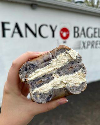 Blueberry bagel with pistachio cream cheese