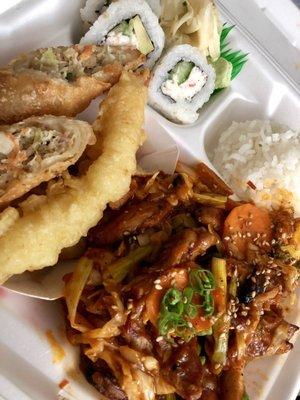 To-go Bento lunch! Spicy chicken, shrimp tempura, egg roll, 3 gyoza, CA roll and rice (they forgot my salad) but everything was delicious!