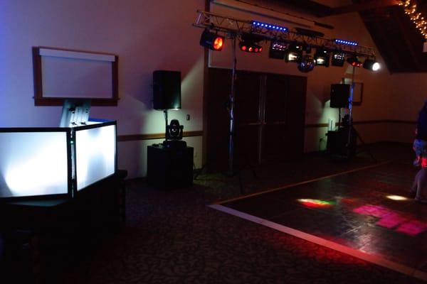 Plenty of room for a large professional DJ set-up (This one shown is from Butler Productions) & a good size dance floor for any size group.