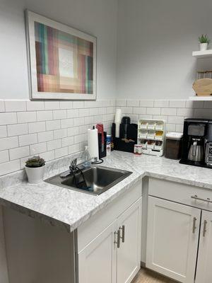 Break room includes coffee, tea and water