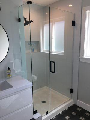 Hall bath, frameless 3/8" thick glass, installed mar 21