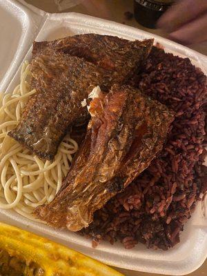 Waakye and fried fish