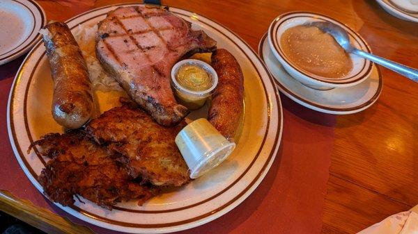 Schlacht Platte (Bratwurst, knockwurst, kassler rippchen which is a smoked pork chop), apple sauce