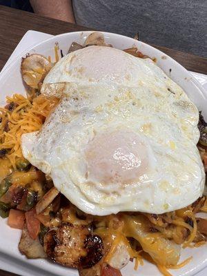 Veggie skillet with eggs over easy