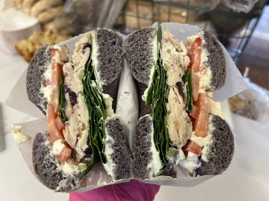 The Thomas Crown Affair Bagel Sandwich.  Your choice of bagel, spinach, chicken salad, tomatoes and classic spread.