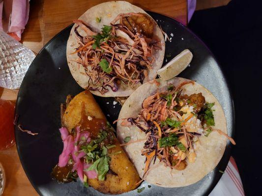 My meal. 2 shrimp tacos and one birria taco. So incredibly delicious!