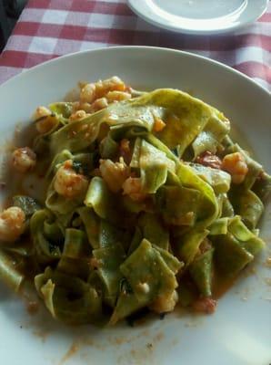 Spinach tagliatelle...shrimp, garlic, red pepper, garden tomatoes and basil