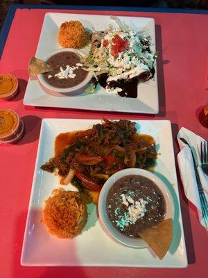 Bistec a la mexicana & theee best Chorizo mole enchiladas we've ever had.