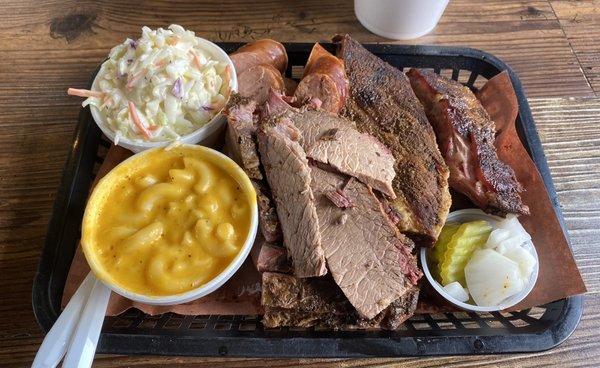 Beef Brisket, Sausage, Ribs, Cole slaw, Mac and Cheese.