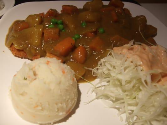 chicken curry, mashed potato and salad