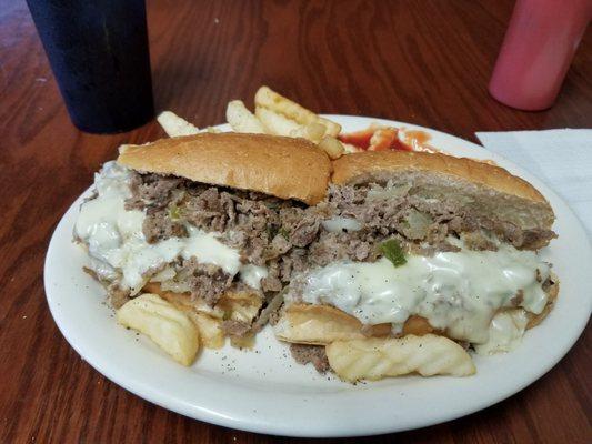 Cheesesteak Sandwich special with fries. May, 2019.