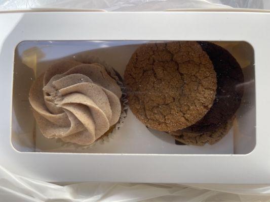 3 Cookies and 1 Cupcake in a well presented box.