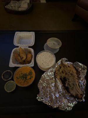 Spicy Buttered Chicken, Garlic Naan, Plain Rice, Vegetable Samosa