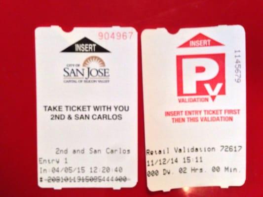 Parking entry ticket (left), validation coupon (right.)