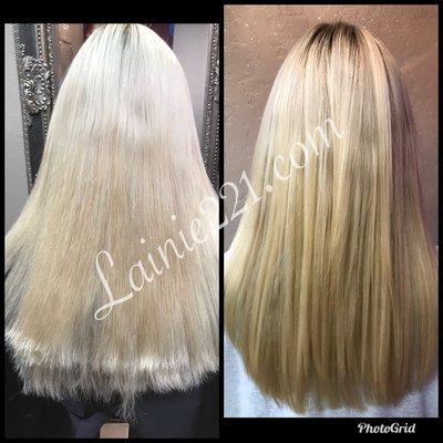 This client received tape in extensions from another Salon. With my dry cutting technique it creates softness and invisible layers.