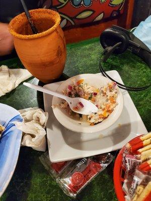 Complimentary ceviche that's given once you place your drink order