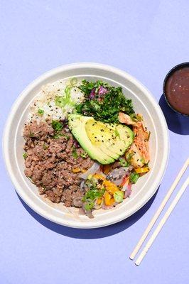 Avocado Bulgogi bowl with brown rice base.