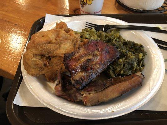 Ribs, fried chicken, fried shrimp, green beans and collard greens.