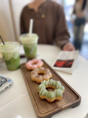 donuts ! green tea cookies and cream and strawberry