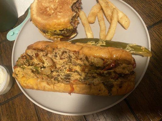 Chicken Philly and cheez whiz burger