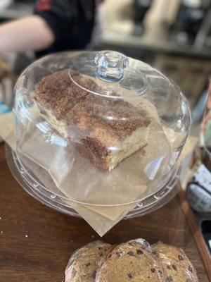 Coffee cake on the counter. Too good to store in the case